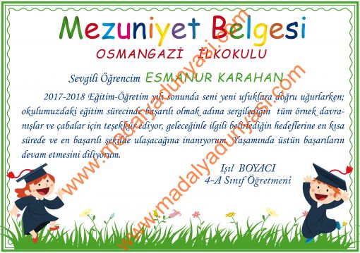  İlkokul 4.sınıflar için mezuniyet belgesi